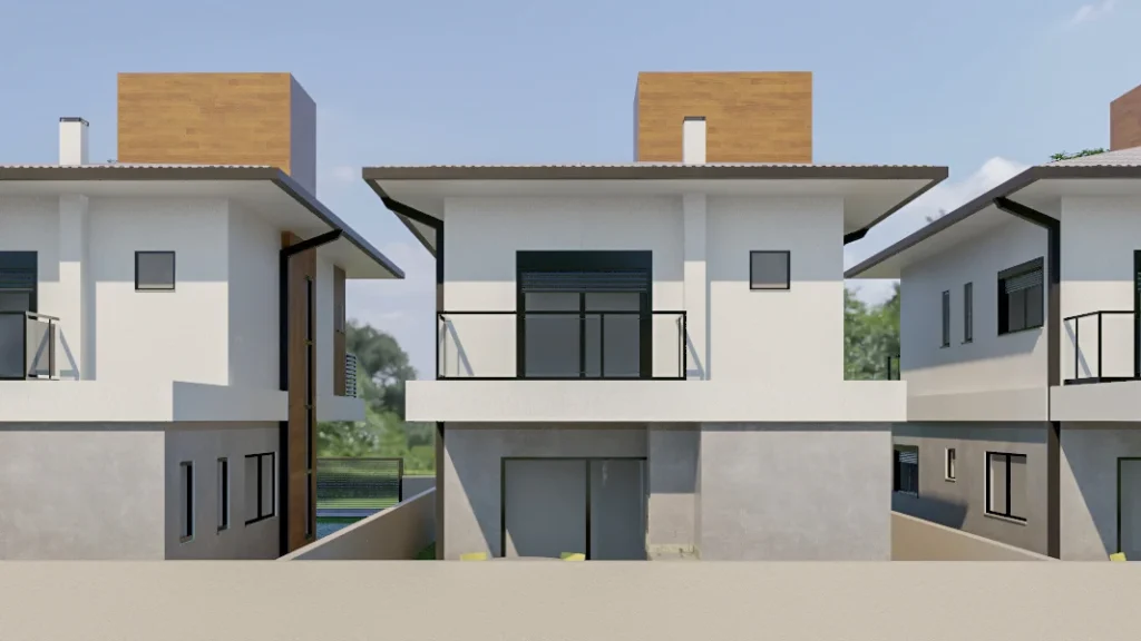 Render da perspectiva posterior, com as sacadas e o acesso aos fundos