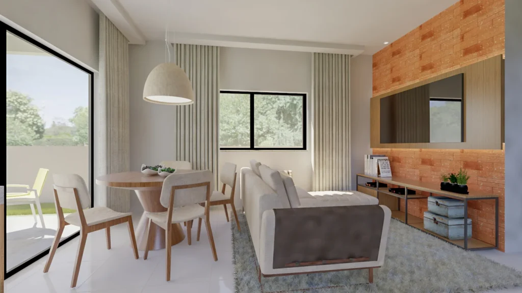 Sala de jantar integrada, com parede em tijolinho, mesa redonda e pendente branco
