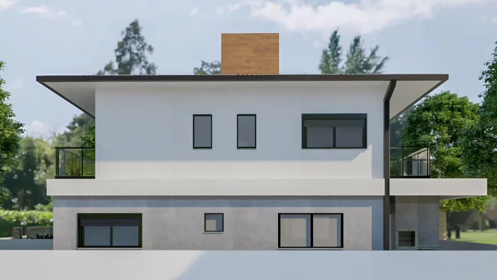 Render da fachada lateral, com a cobertura de leve caimento e o volume de madeira no topo