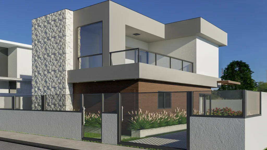 Render da perspectiva a partir da rua, com o painel em pedra clara e o muro de alinhamento