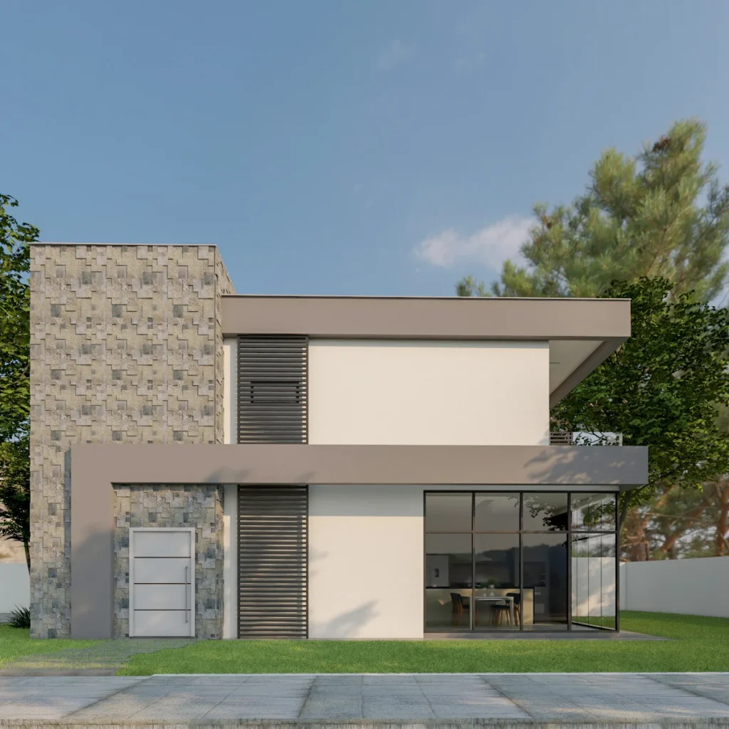 Render da fachada lateral direita, com brises horizontais e o revestimento em pedra