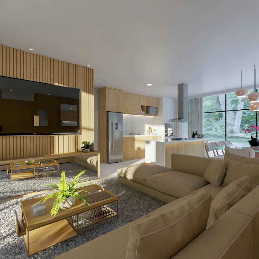 Sala de estar integrada à cozinha, com painel ripado de madeira e sofá em tom areia
