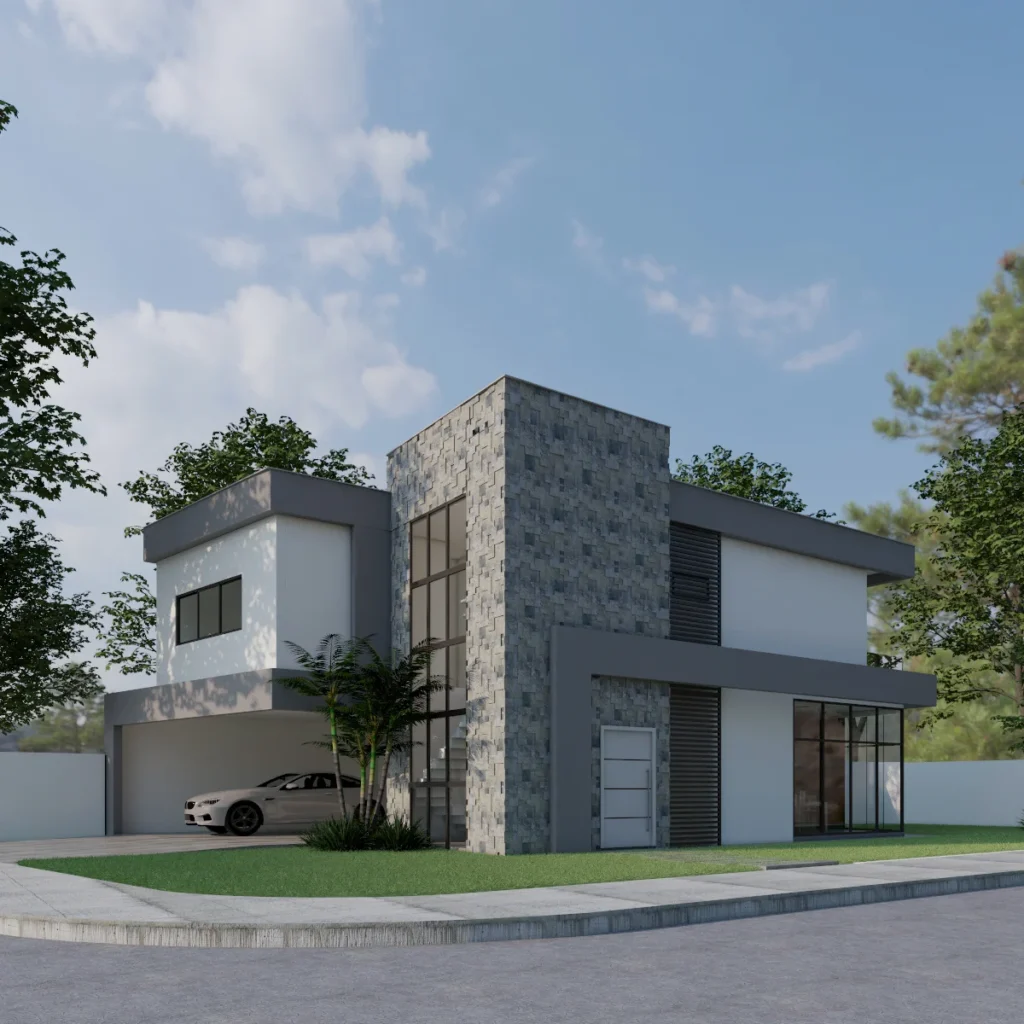 Render da perspectiva do projeto, com a vaga coberta e o paisagismo frontal