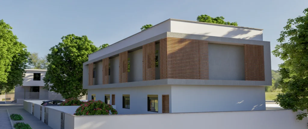 Render da perspectiva frontal, mostrando o volume horizontal branco e o ritmo dos brises