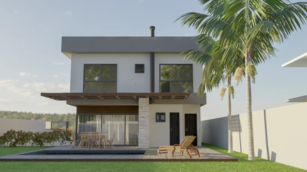 Render da fachada lateral pelo outro ângulo, com o deck e o mobiliário externo