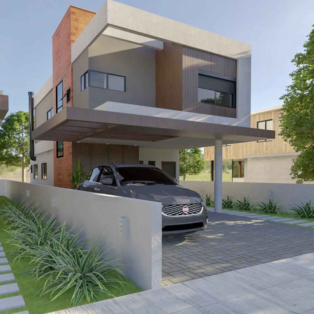 Render da perspectiva a partir da rua, com o muro baixo e o paisagismo