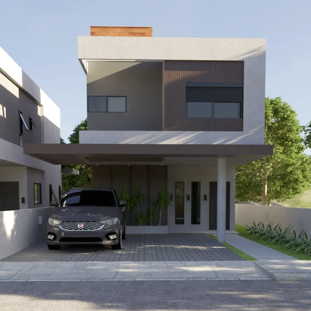 Render da perspectiva do acesso, com a vaga coberta e o pergolado