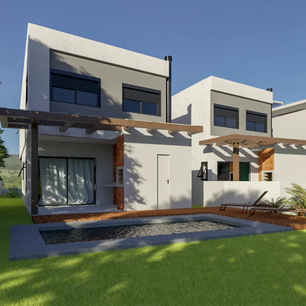 Render da perspectiva posterior, com o terraço sob pergolado e o deck junto ao gramado