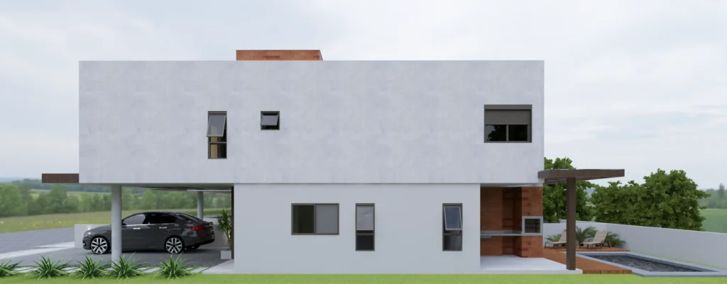 Render da fachada lateral direita, mostrando o perfil do conjunto