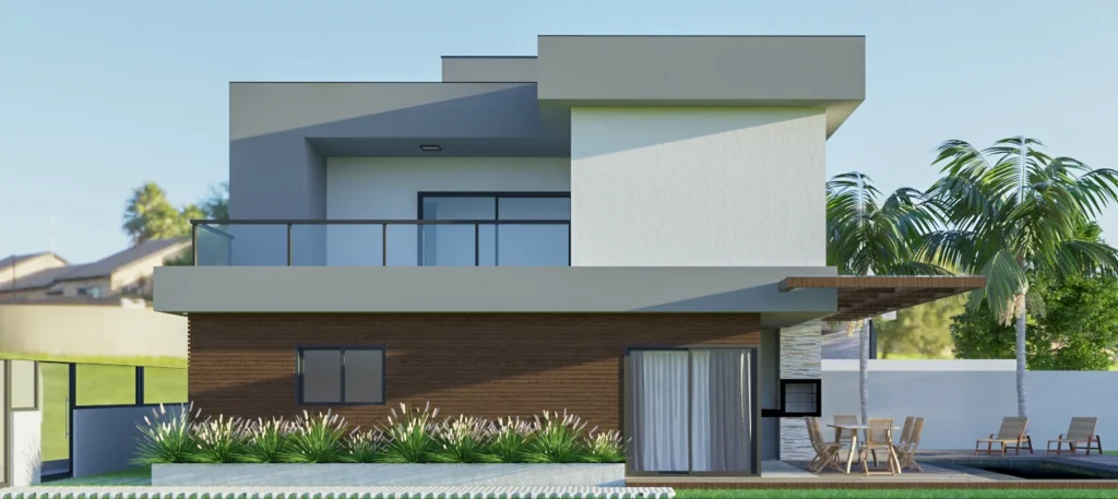 Render da fachada lateral, com o pergolado sobre o terraço e a piscina ao fundo