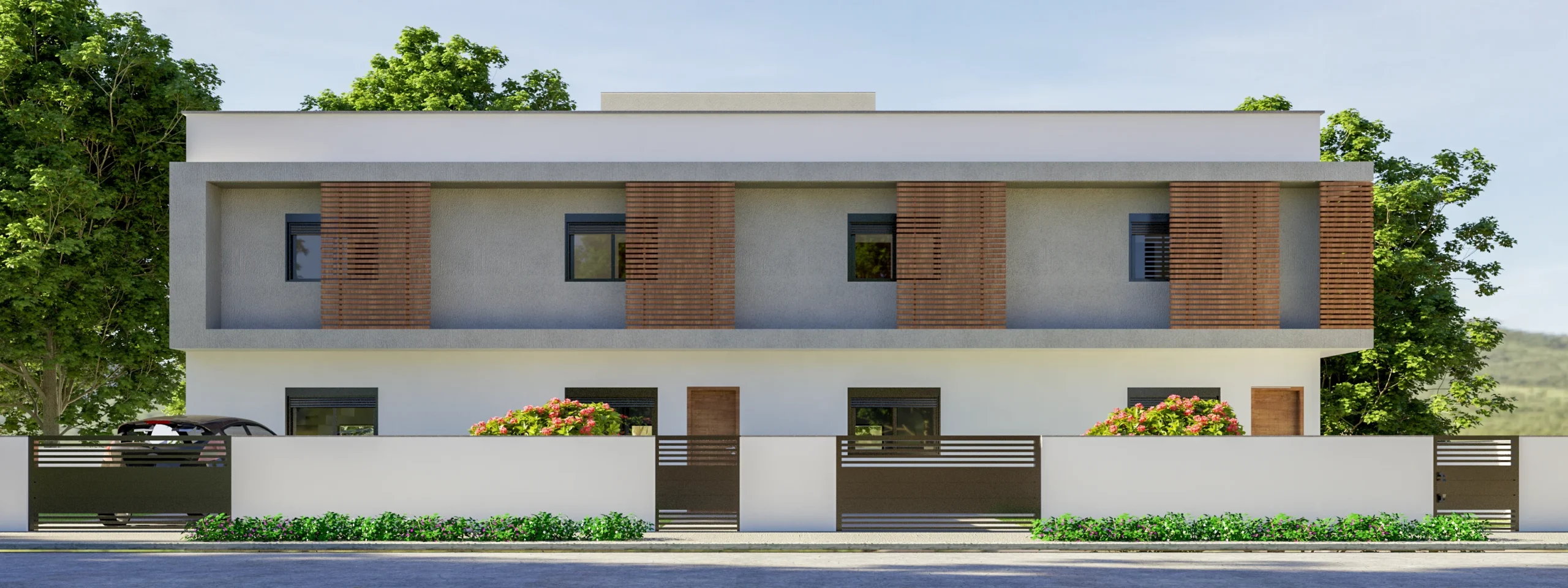 Render da fachada frontal, com as duas unidades espelhadas e os brises ripados de madeira no pavimento superior