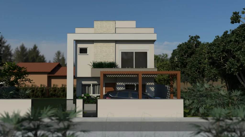 Render do projeto da fachada frontal, com pergolado sobre a vaga de garagem e muro baixo à frente