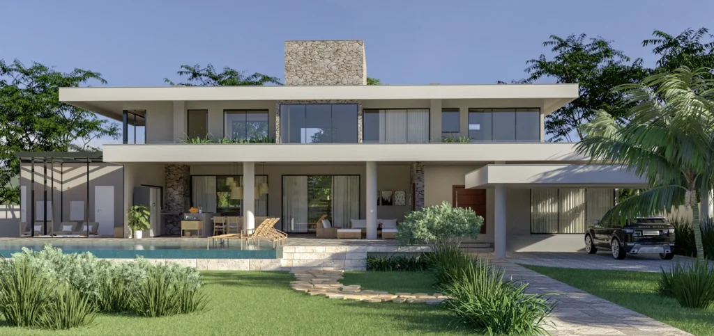 Render da fachada frontal, com o volume em pedra, a varanda sobre pilares e a vaga coberta lateral