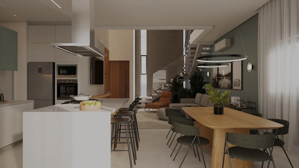 Sala de jantar integrada à cozinha, com ilha, mesa de madeira, luminárias circulares e escada de degraus aparentes ao fundo