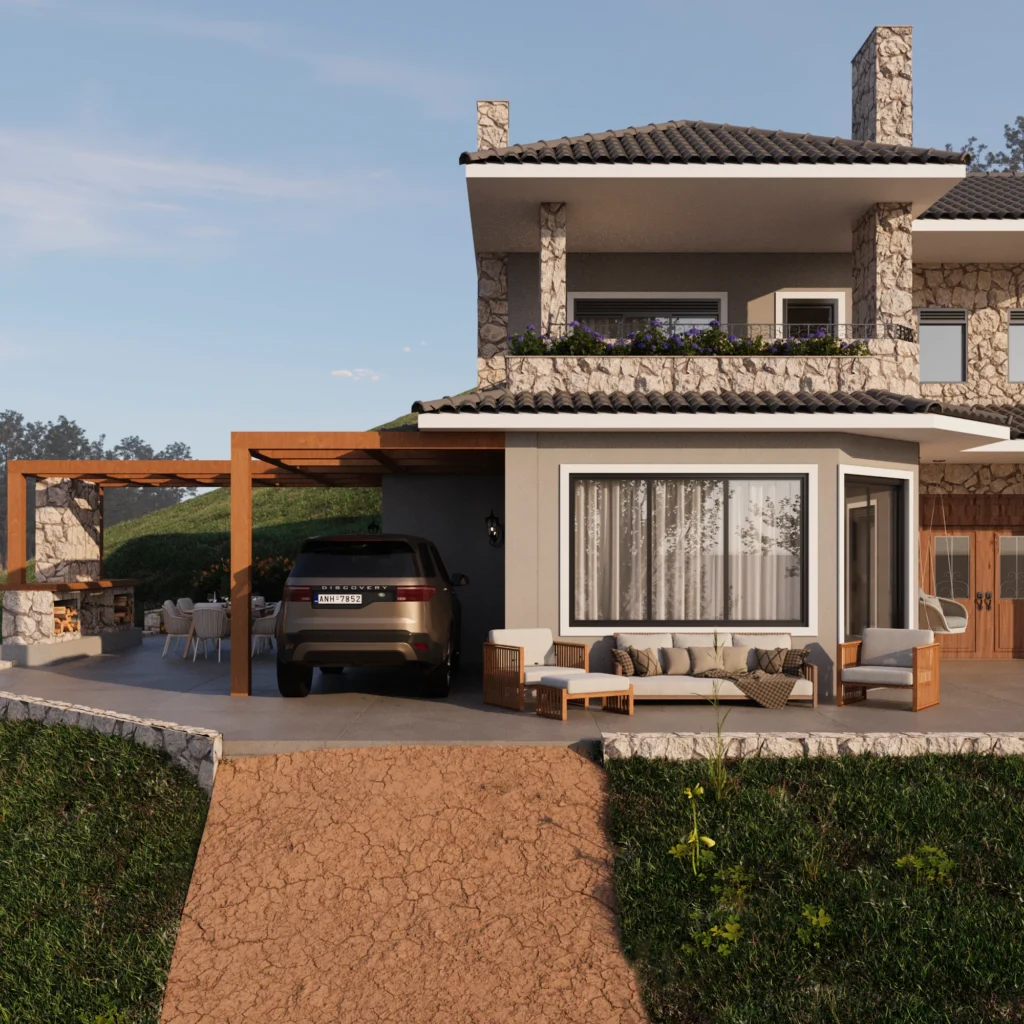 Render da fachada frontal em enquadramento aproximado, com o estar externo sob o pergolado