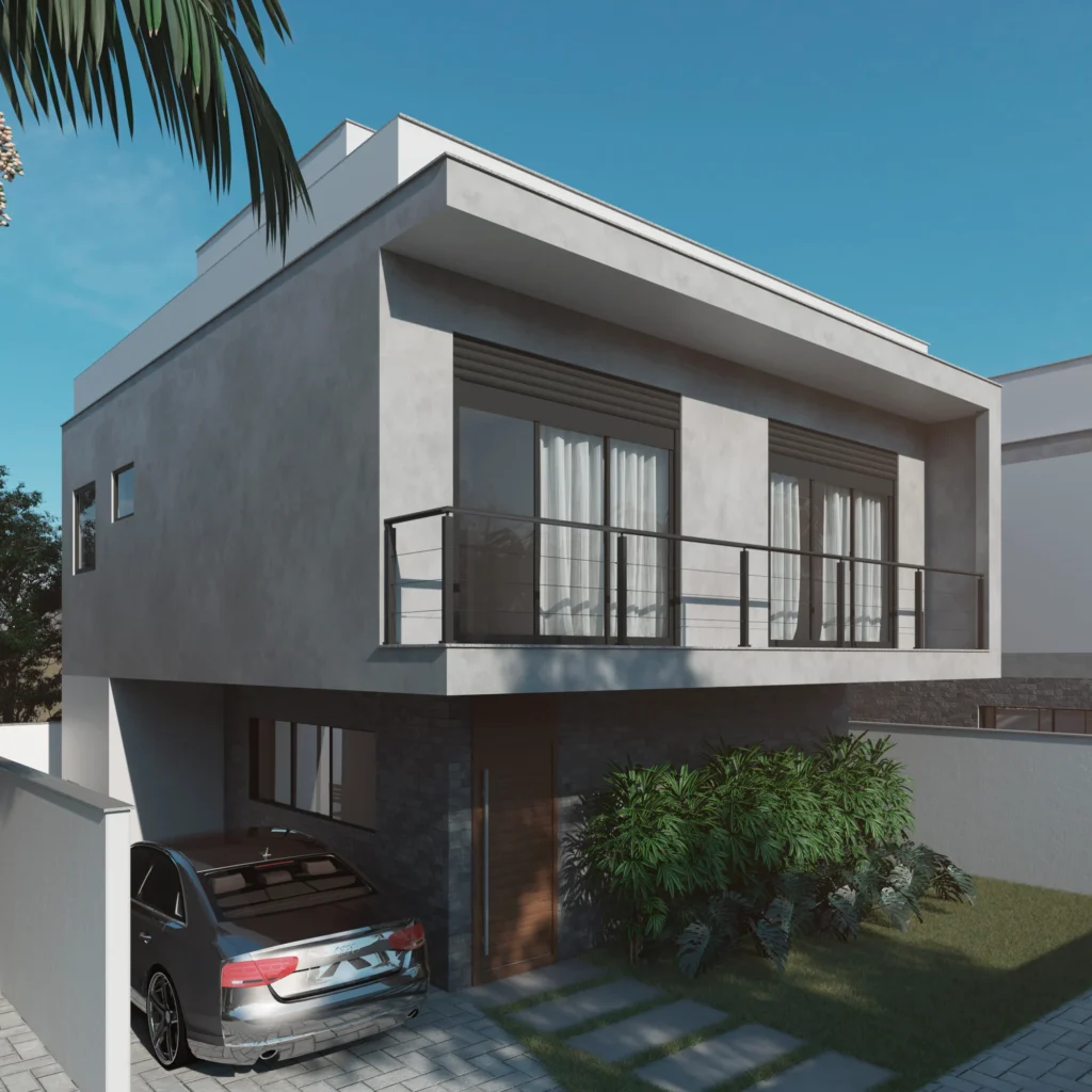 Foto da obra concluída, perspectiva da casa 01, com a vaga sob o volume superior