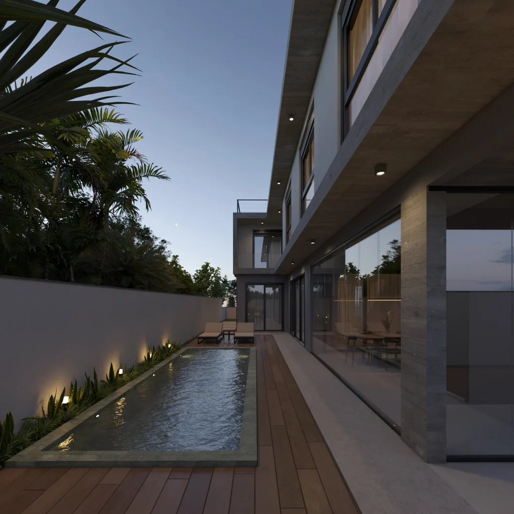 Render da piscina raia vista do outro extremo, com a fachada lateral iluminada