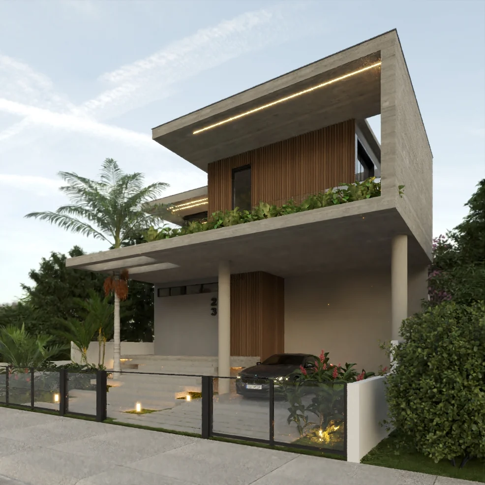 Render da perspectiva frontal, mostrando o balanço do volume e o painel ripado de madeira