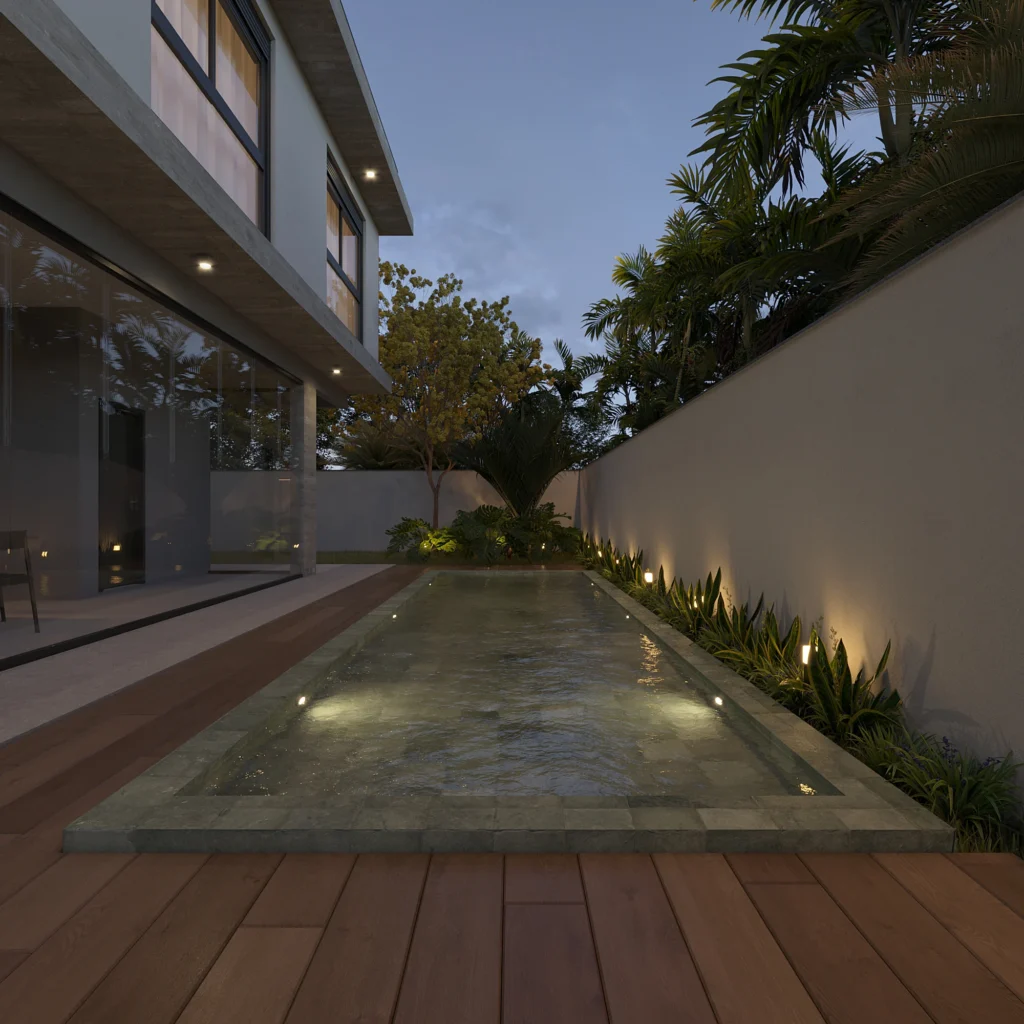 Render da piscina raia iluminada, com o deck de madeira e o muro lateral