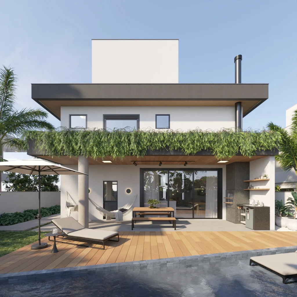 Fachada dos fundos com piscina, deck de madeira, rede e espaço gourmet coberto aberto para a área externa