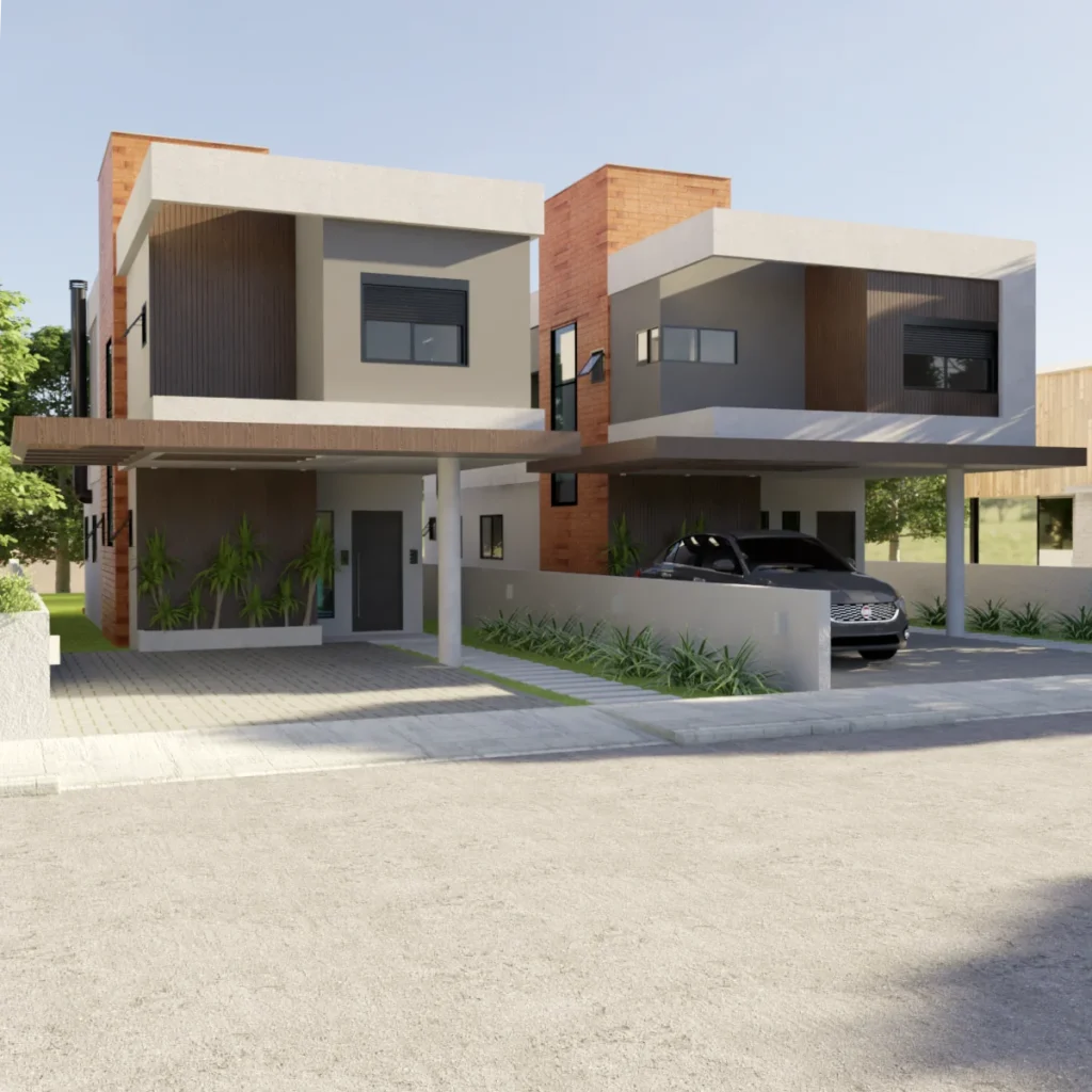 Render da fachada frontal, com o painel em tijolo aparente entre as duas unidades