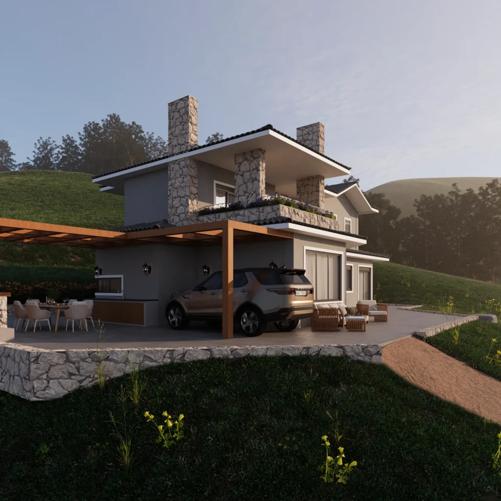 Render da perspectiva lateral, com o pergolado sobre o terraço de refeições e a encosta ao fundo