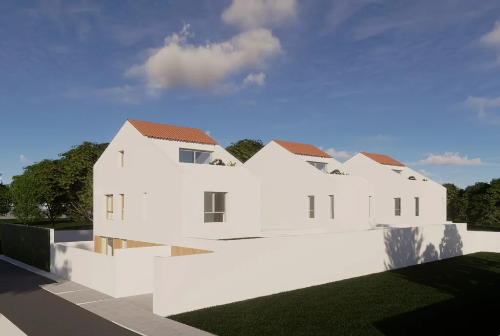 Render da perspectiva lateral, mostrando a repetição das três unidades ao longo do terreno