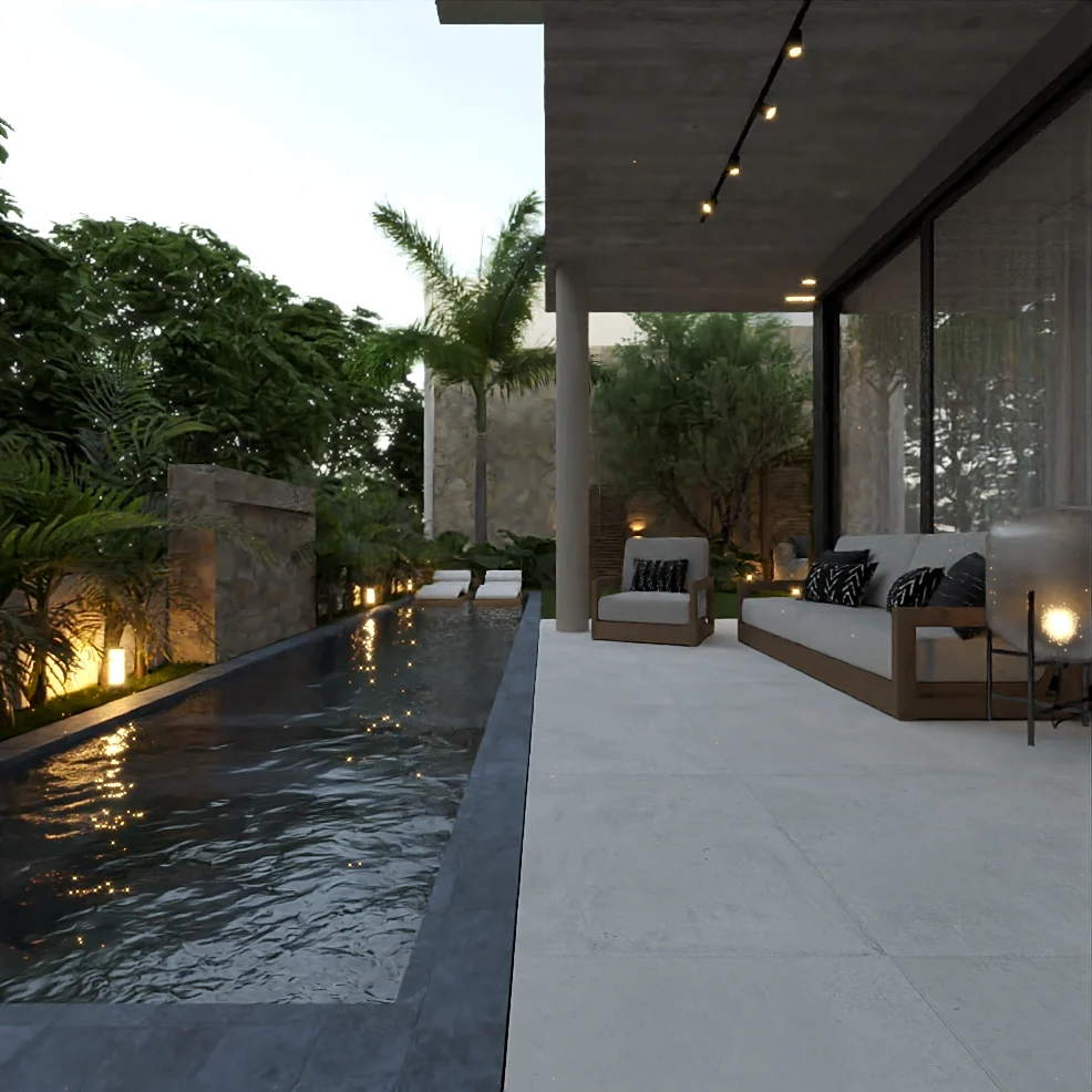 Render da área gourmet vista da piscina, com a laje em balanço e o muro em pedra