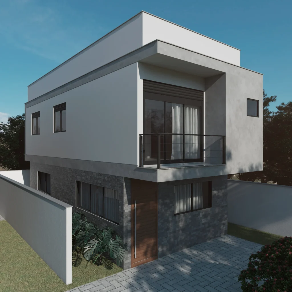 Foto da obra concluída, perspectiva da casa 02, com o plano inclinado da cobertura