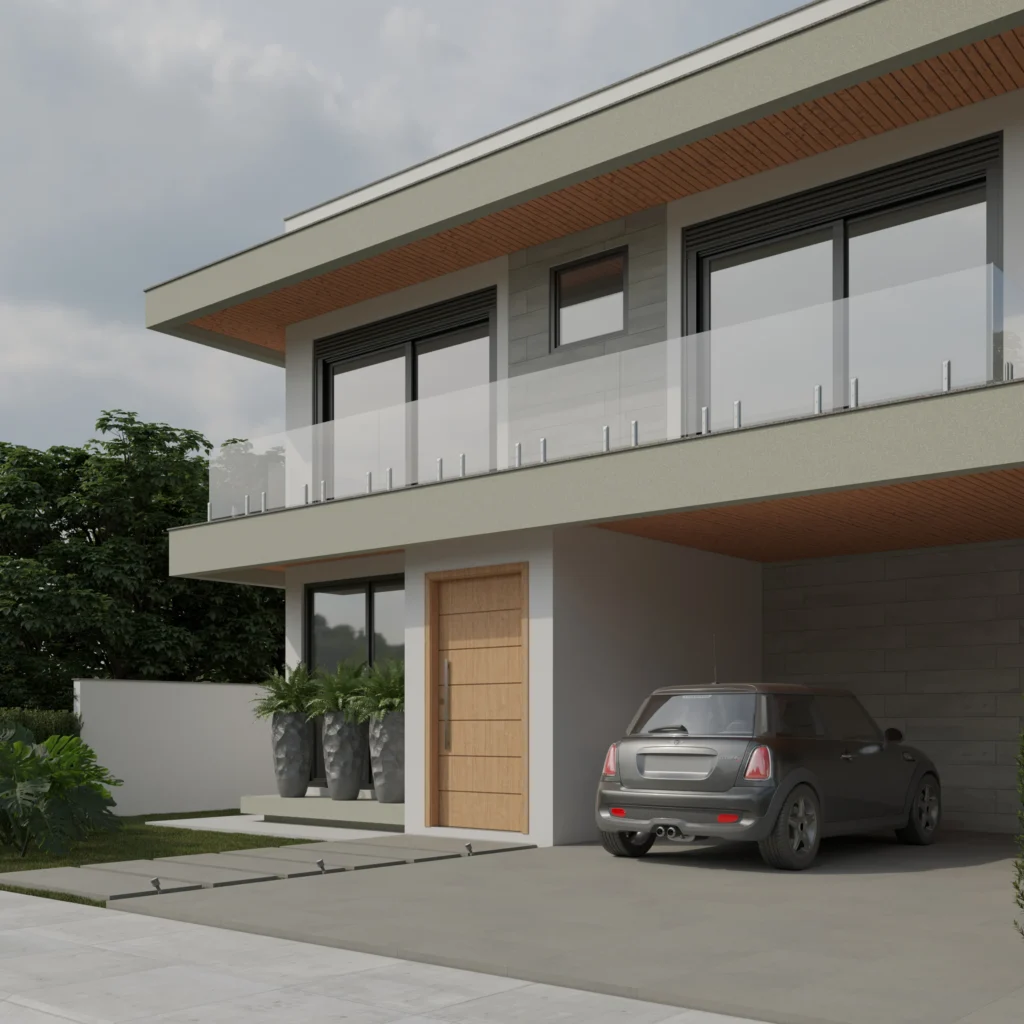 Render da perspectiva frontal, mostrando a porta pivotante de madeira e o guarda-corpo de vidro da sacada