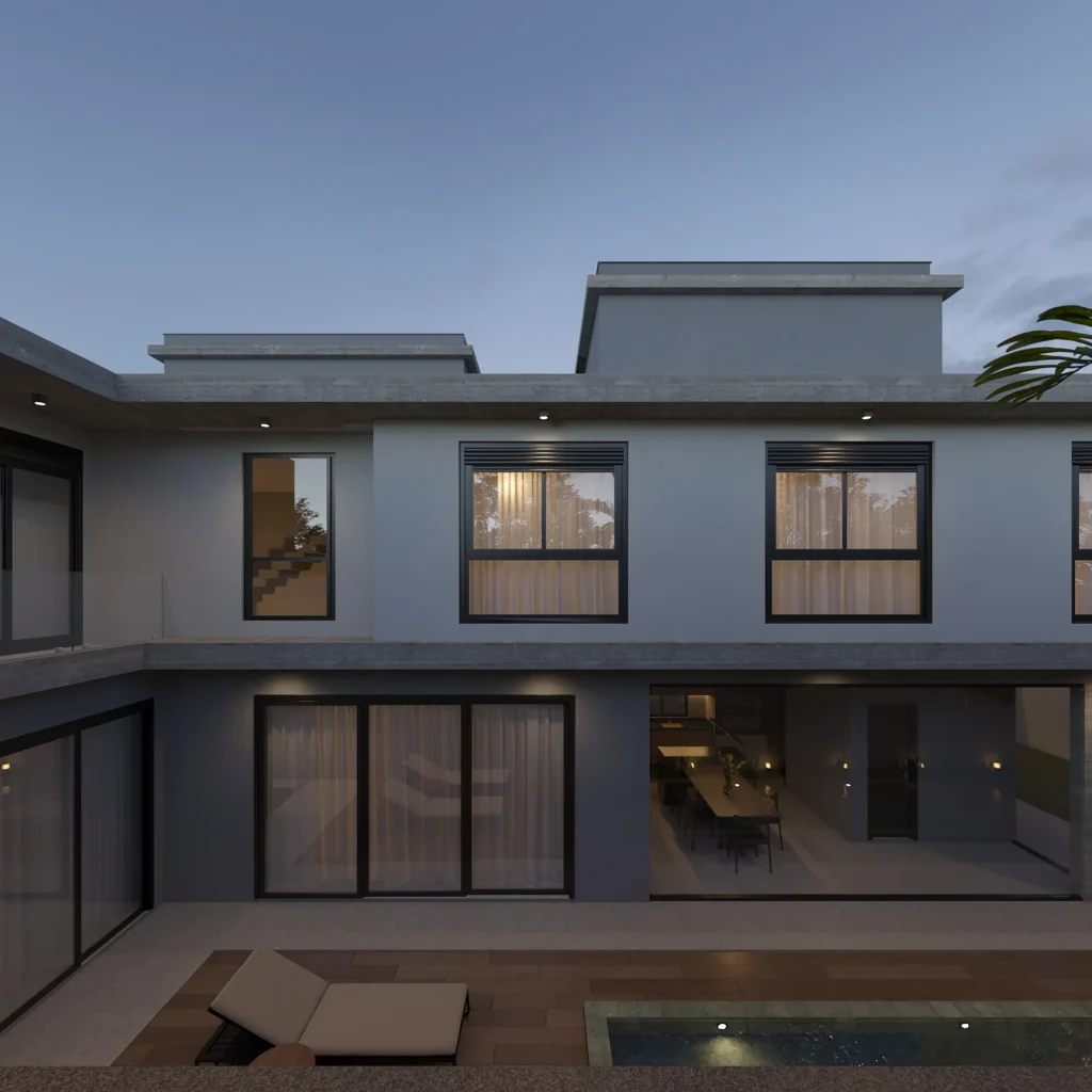 Render da fachada dos fundos ao entardecer, com as aberturas iluminadas