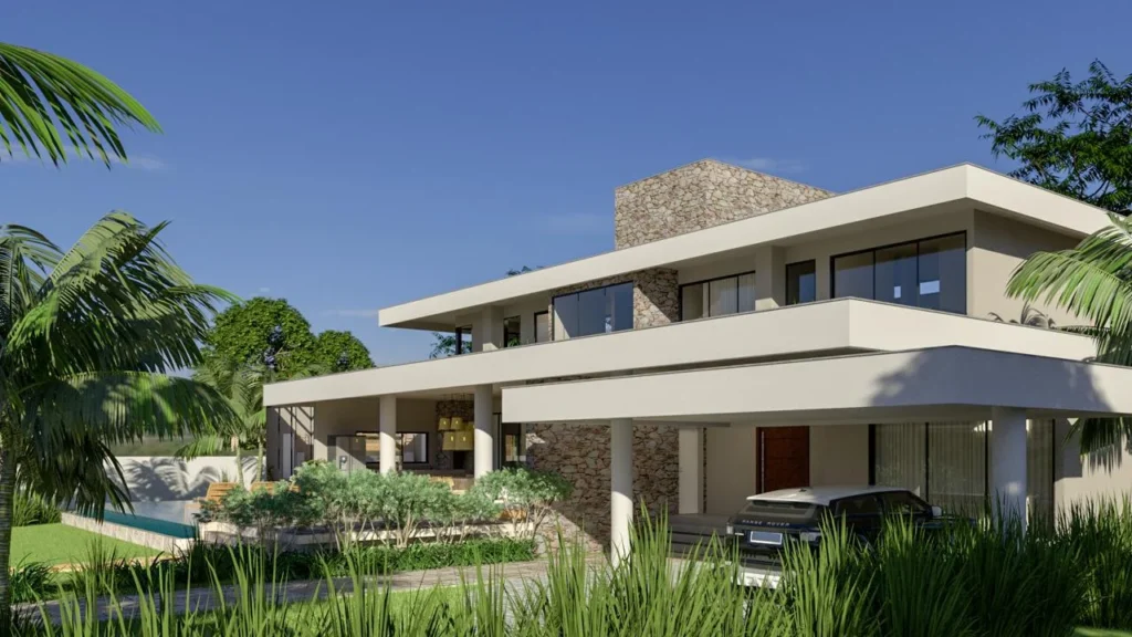 Render da perspectiva frontal, destacando o balanço da laje e o paisagismo em primeiro plano