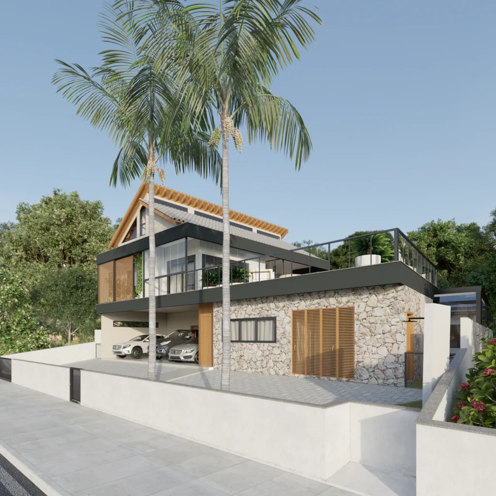 Render da perspectiva frontal, mostrando o embasamento em pedra, o acesso e a empena envidraçada no topo