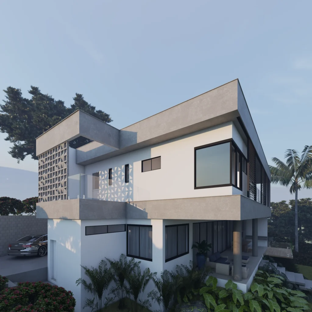 Render da perspectiva lateral esquerda, com o painel de cobogó vazado em toda a altura e a garagem no nível inferior