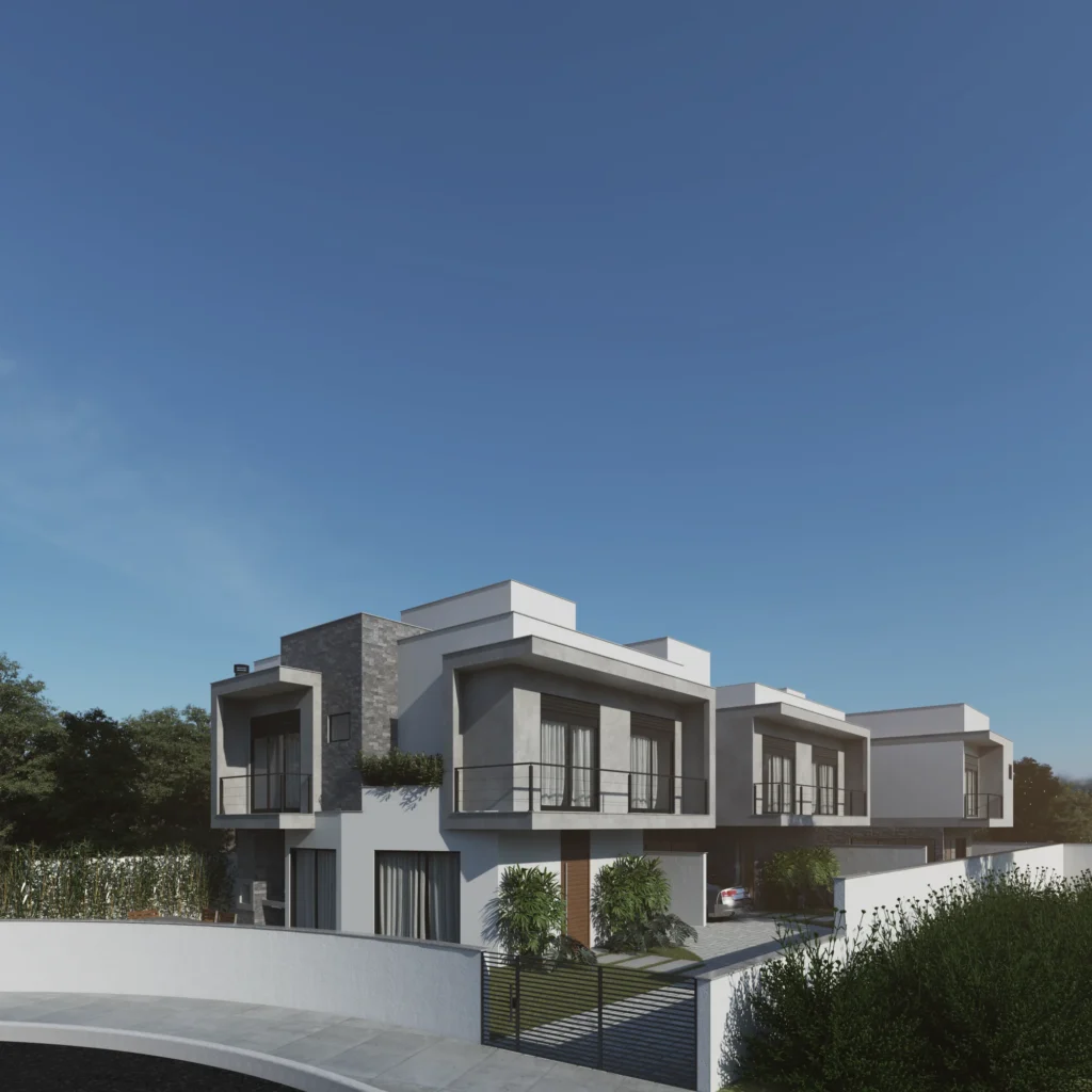 Render da perspectiva frontal do conjunto, com as três casas em sequência