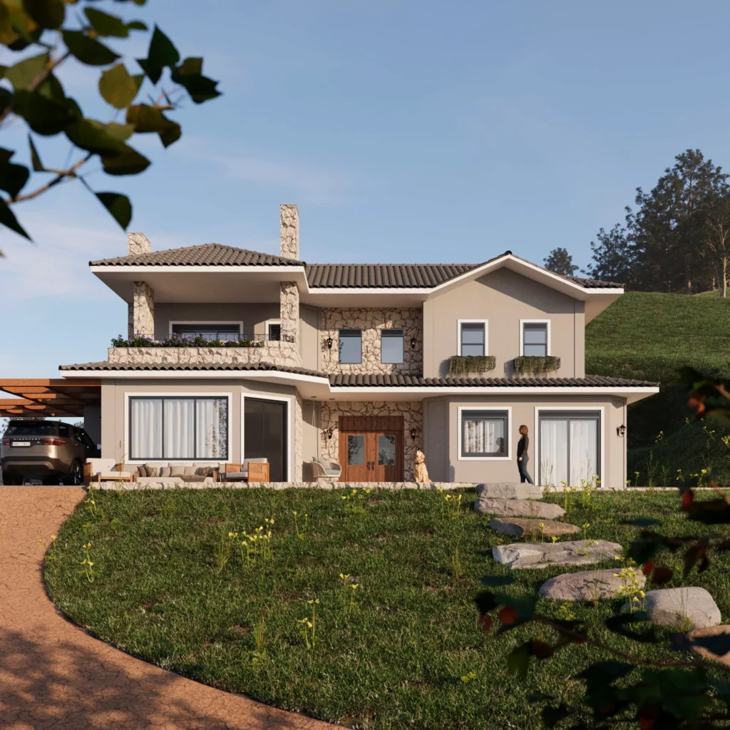 Render da fachada frontal, com telhados cerâmicos, revestimento em pedra e pergolado de madeira sobre a vaga