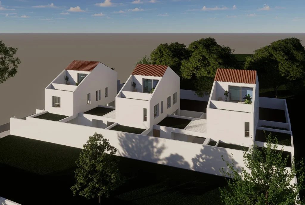 Render da perspectiva lateral em ângulo alto, com os pátios delimitados por muros brancos