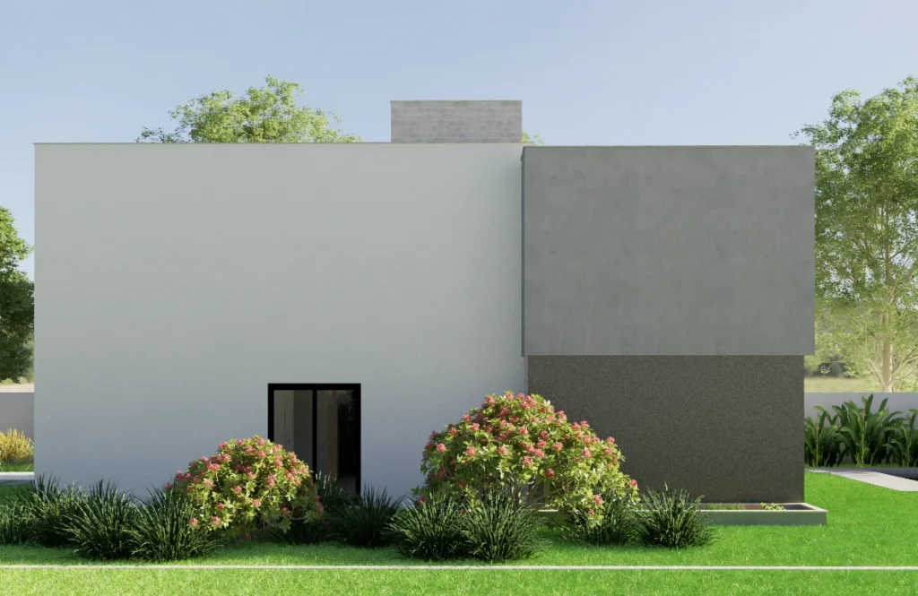 Render da fachada dos fundos, com o volume branco e o paisagismo de arbustos floridos