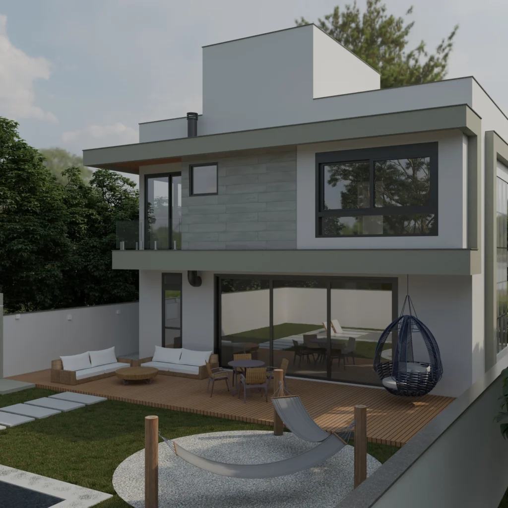 Render da perspectiva dos fundos, com deck de madeira, rede, poltrona suspensa e mobiliário de exterior