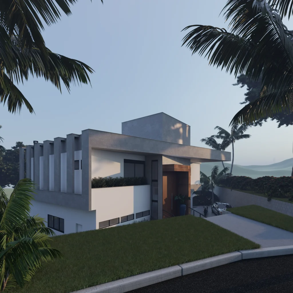 Render da perspectiva frontal, mostrando os brises verticais, o acesso em madeira e o gramado em declive