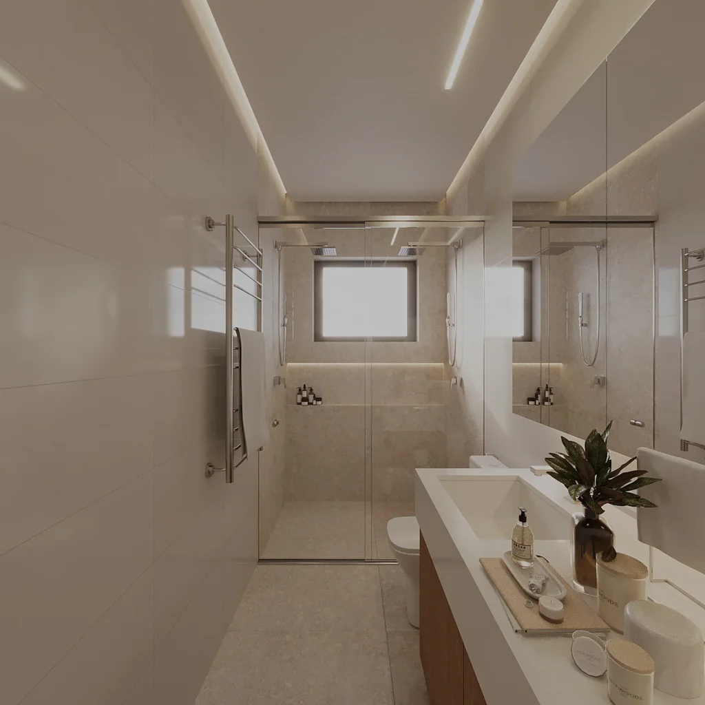 Banheiro da suíte master com porcelanato bege de grande formato, box de vidro e bancada suspensa