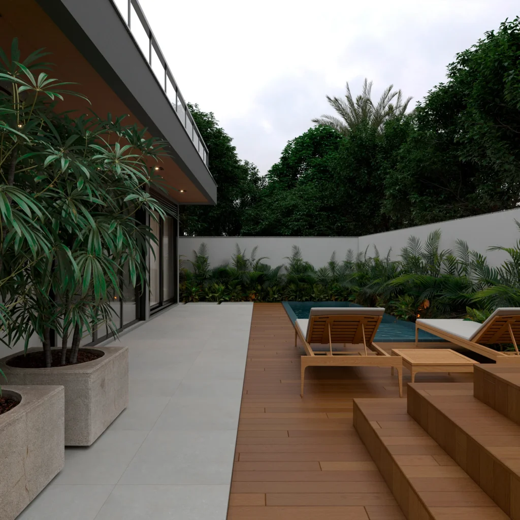 Área externa com piscina, deck de madeira, espreguiçadeiras e jardim tropical junto ao muro