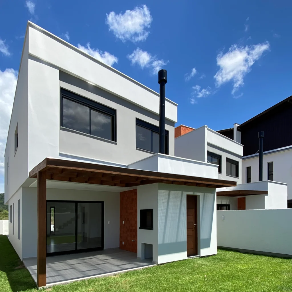 Foto da obra concluída, perspectiva posterior da casa 01, com terraço sob pergolado de madeira