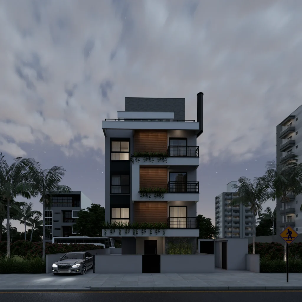 Fachada frontal do edifício ao entardecer, com quatro pavimentos sobre pilotis e jardineiras corridas nas sacadas