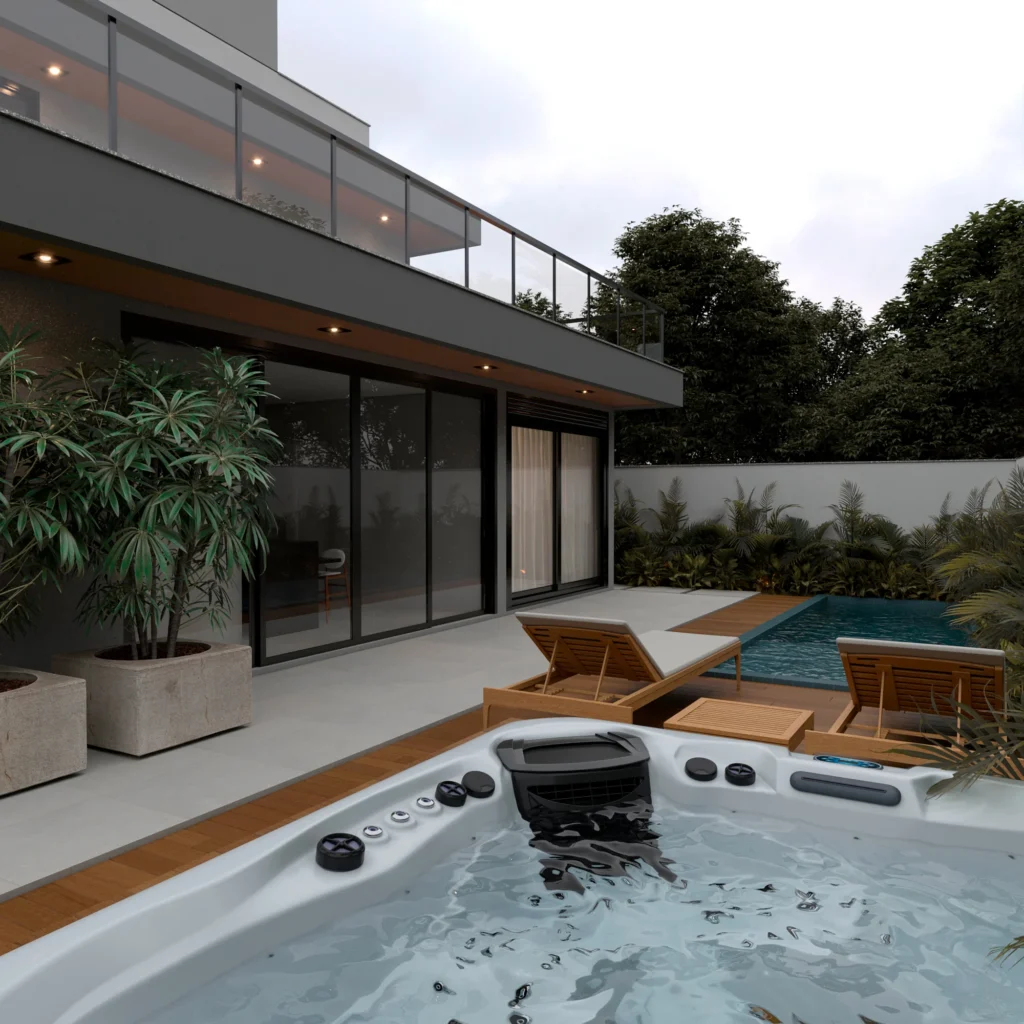 Hidromassagem sobre o deck de madeira, com a piscina e o terraço superior ao fundo