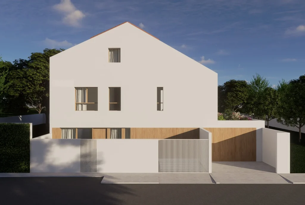 Render da fachada frontal, com o volume branco de empena triangular, telha cerâmica aparente e painel de madeira no acesso