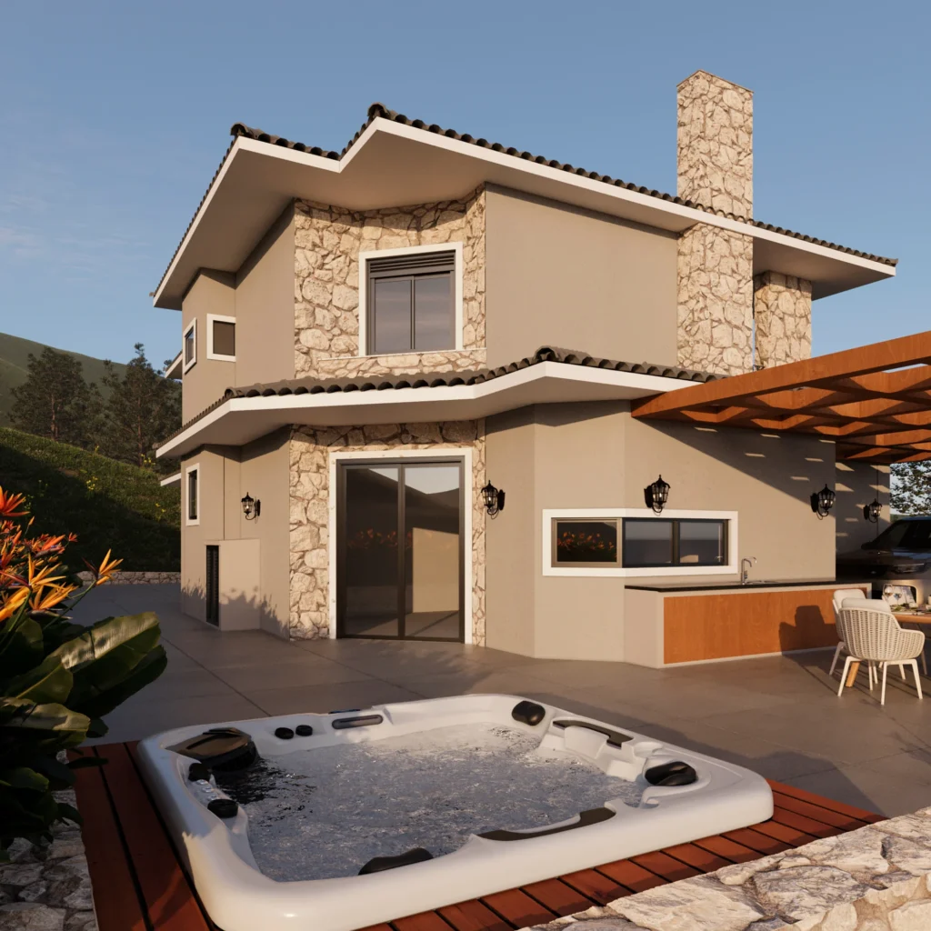 Render da perspectiva da fachada esquerda, com hidromassagem sobre deck de madeira no pátio