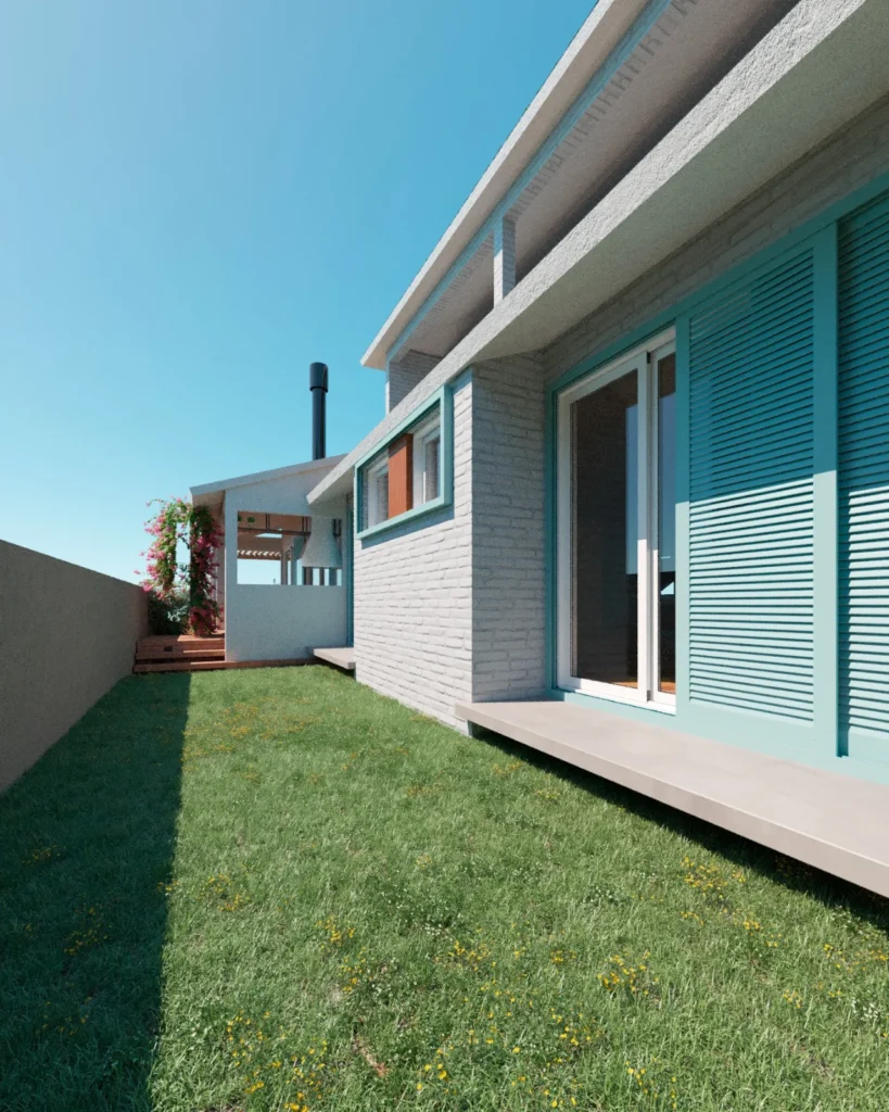 Perspectiva lateral, com revestimento texturizado branco, venezianas em azul turquesa e caminho de concreto junto ao gramado
