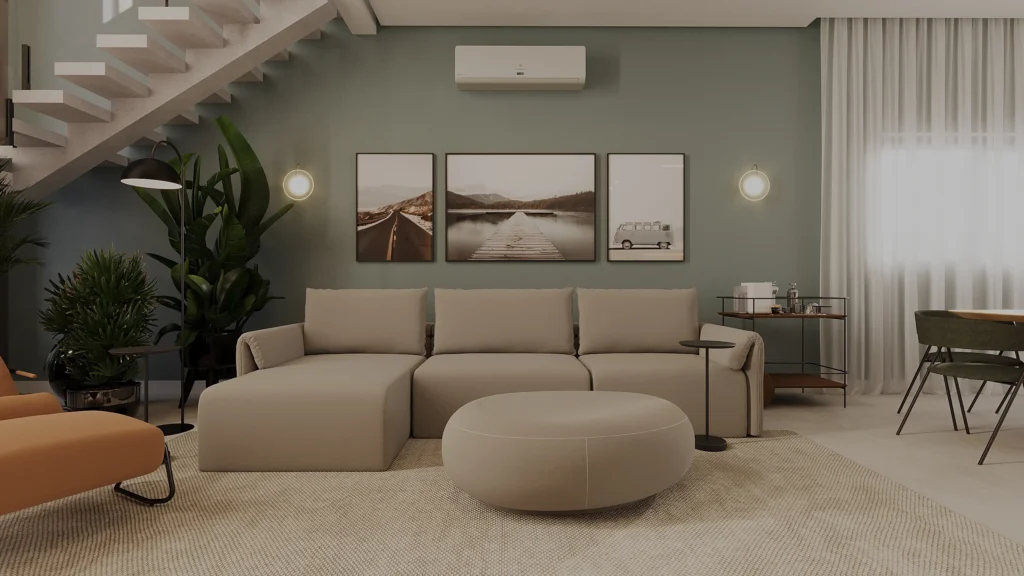 Sala de estar com sofá em tom areia, parede verde oliva, quadros e escada branca de degraus aparentes