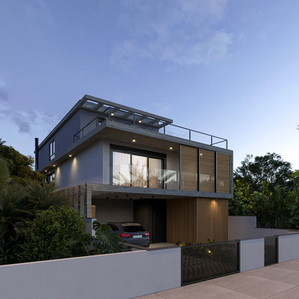 Render da fachada ao entardecer, com a iluminação embutida marcando os planos